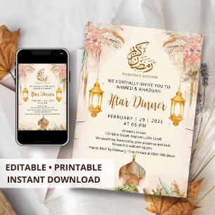 Invitation Dîner Iftar Moderne Bohème Pampas et Lanterne Doré