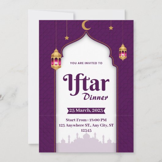 Invitation Dîner Iftar moderne violet blanc et or (Devant)