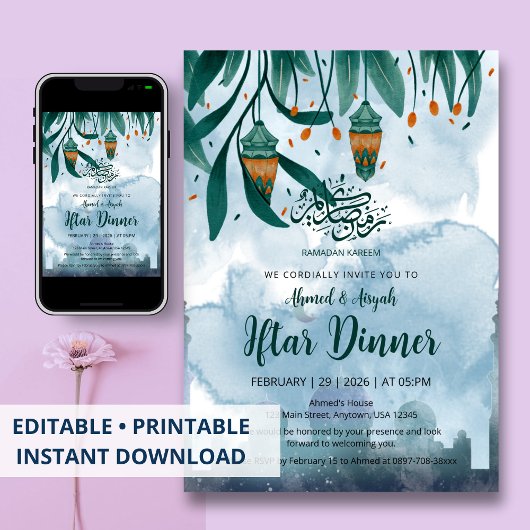 Invitation Dîner Iftar Mosquée Bleue et Lanternes à l'aquarel