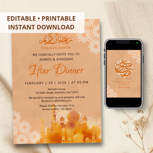 Invitation Dîner Iftar Mosquée Coucher de Soleil Orange Aquar