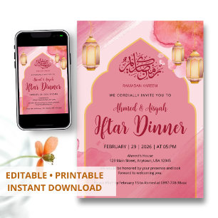 Invitation Dîner Iftar sous une arche élégante rose et or à l