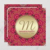 Invitation Dîner indien de Bohême orientale Rouge+Or (Devant / Derrière)