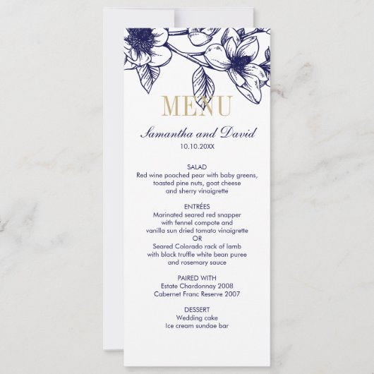 Invitation Dîner Mariage Marine Blue Gold Magnolia Fleurs (Devant)