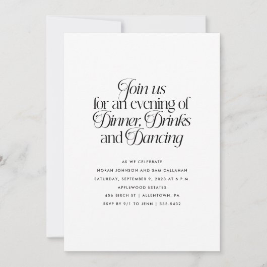 Invitation Dîner minimaliste, Boissons et Danse  (Devant)