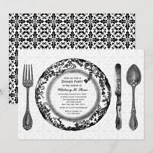 Invitation Dîner noir blanc fin (Devant / Derrière)