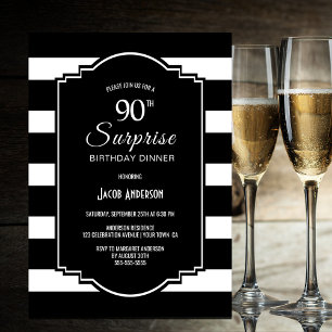 Invitation Dîner noir blanc rayé Surprise 90e anniversaire