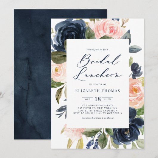 Invitation Dîner nuptial floral Blush et Navy Watercolor (Devant / Derrière)
