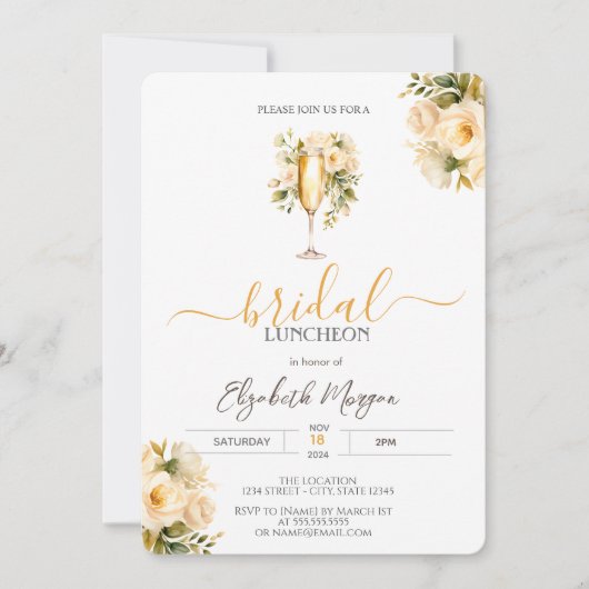 Invitation Dîner nuptial Roses blanches en verre de champagne (Devant)