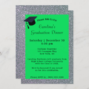 Invitation Dîner Parties scintillant argent Graduation verte