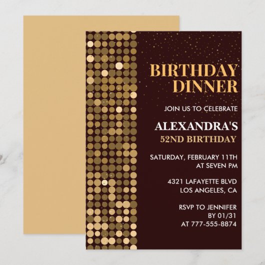 Invitation Dîner Parties scintillant Glam Black Gold 52e anni (Devant / Derrière)