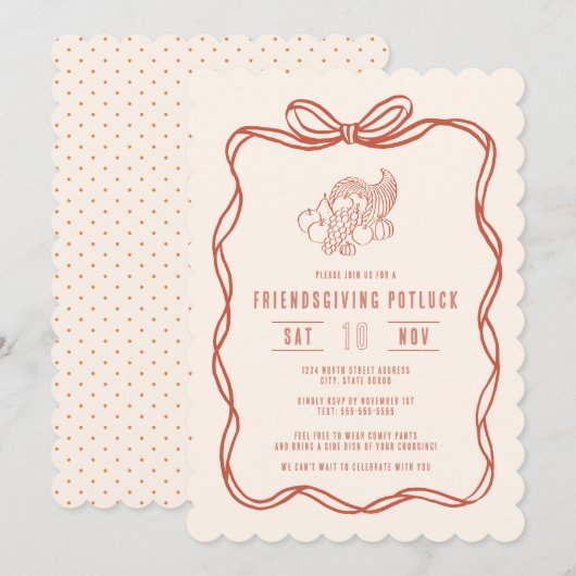 Invitation Dîner Potluck de Friendsgiving avec un Nœud Coquet (Devant / Derrière)