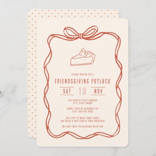 Invitation Dîner Potluck de la fête des amis Coquette Bow Pie (Devant / Derrière)
