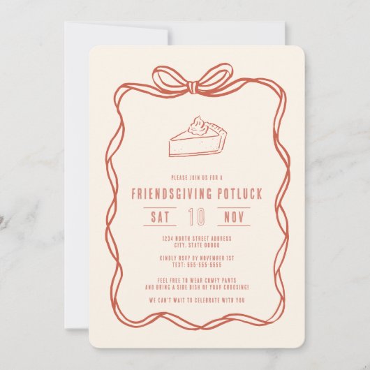 Invitation Dîner Potluck de la fête des amis Coquette Bow Pie (Devant)