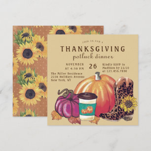 Invitation Dîner Potluck de Thanksgiving Tournesol Citrouille