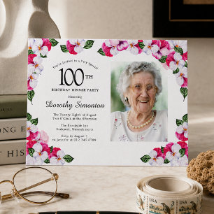 Invitation Dîner pour les 100 ans Photo Rose Magenta Blanc