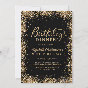 Invitation Dîner pour les 50 ans de Black Gold Glitter Script