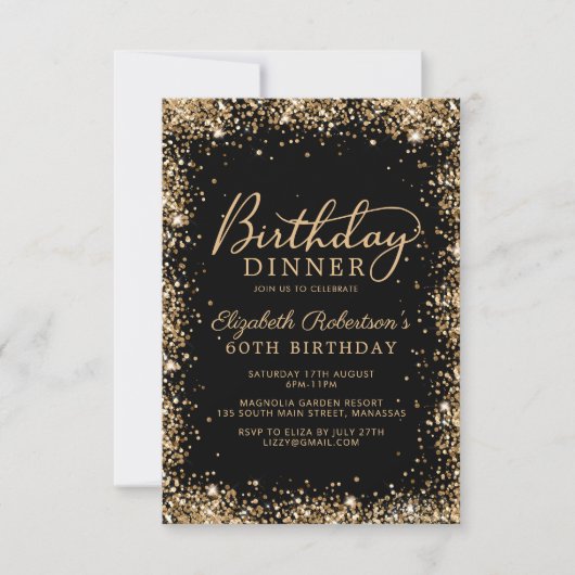 Invitation Dîner pour les 60 ans avec écriture Glitter Or Noi (Devant)