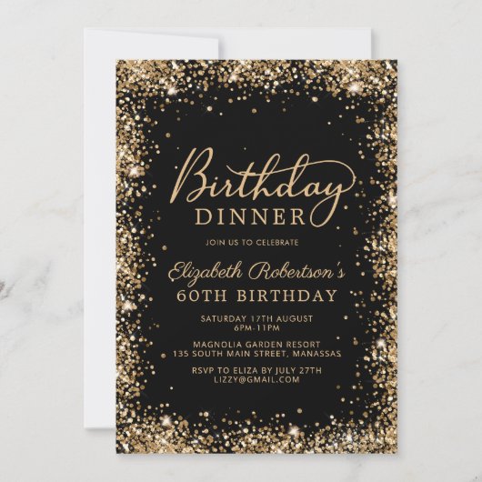 Invitation Dîner pour les 60 ans avec écriture Glitter Or Noi (Devant)