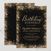 Invitation Dîner pour les 60 ans avec écriture Glitter Or Noi (Devant / Derrière)
