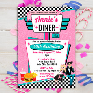 Invitation Diner Retro 1950 fêtes d'anniversaire Sock Hop Des