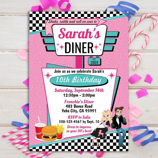 Invitation Diner Retro 1950 fêtes d'anniversaire Sock Hop Des