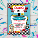 Invitation Diner Retro Diner des années 1950 vintage Design d<br><div class="desc">Fêtez votre prochain anniversaire spécial dans le thème intemporel du dîner des années 1950. Ne cherchez pas plus loin que ce rouge, bleu, noir avec motif à carreaux et un hamburger, soda et frites (ou remplacez-le par le Juke Box dans l'option "Cliquez pour customiser plus loin"). Voir mes autres annonces...</div>
