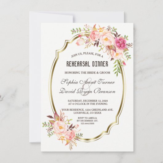 Invitation Dîner Romantique Pink Blush Floral Gold (Devant)