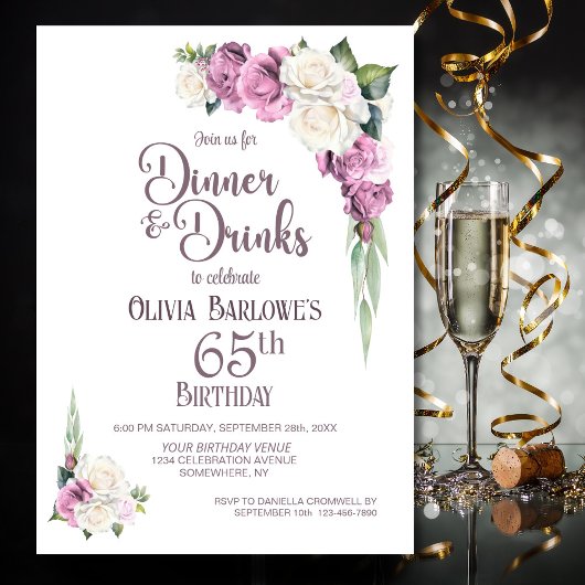 Invitation Dîner rose blanc floral et boissons 65e anniversai