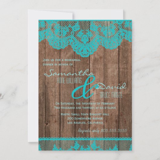 Invitation Dîner Rustic Turquoise de dentelle et de répétitio (Devant)