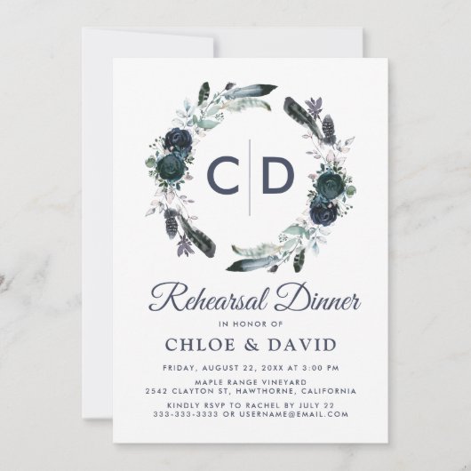 Invitation Dîner Rustique Boho Blue Floral (Devant)