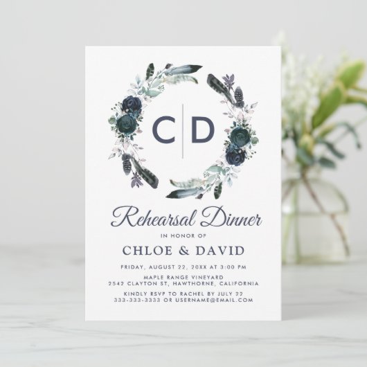 Invitation Dîner Rustique Boho Blue Floral (Debout devant)