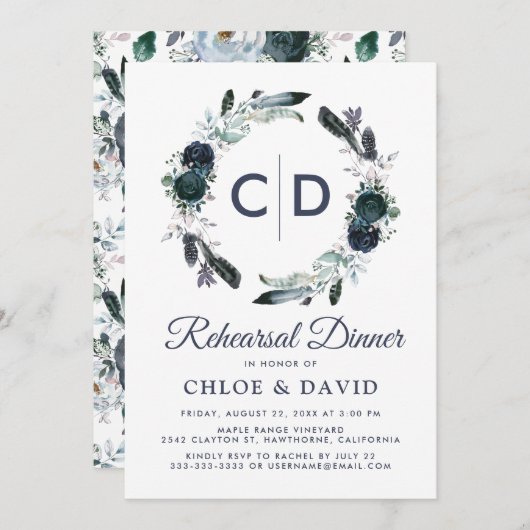 Invitation Dîner Rustique Boho Blue Floral (Devant / Derrière)