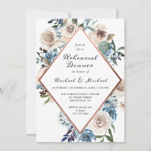 Invitation Dîner Rustique Boho Dusty Blue Floral (Devant)