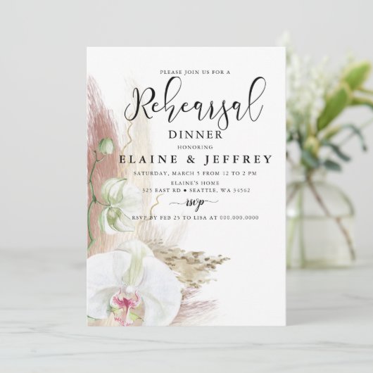 Invitation Dîner Rustique Boho Pampas Grass Orchid (Debout devant)