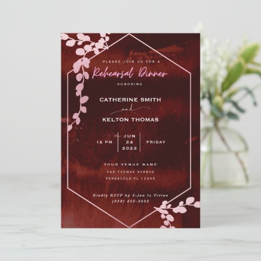 Invitation Dîner Rustique Bourgogne Rose Floral (Debout devant)