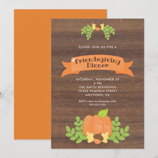 Invitation Dîner Rustique de Friendsgiving | Citrouille (Devant / Derrière)