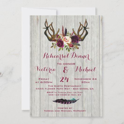 Invitation Dîner Rustique de répétition Boho avec Antlers flo (Devant)