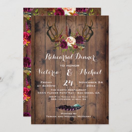 Invitation Dîner Rustique de répétition Boho avec Antlers flo (Devant / Derrière)