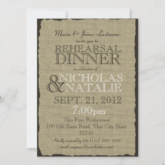 Invitation Dîner Rustique de répétition Burlap (Devant)