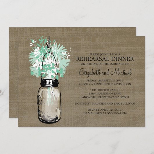 Invitation Dîner rustique de répétition de pot de maçon de (Devant / Derrière)