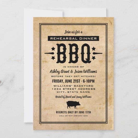 Invitation Dîner Rustique de répétition Mariage BBQ (Devant)
