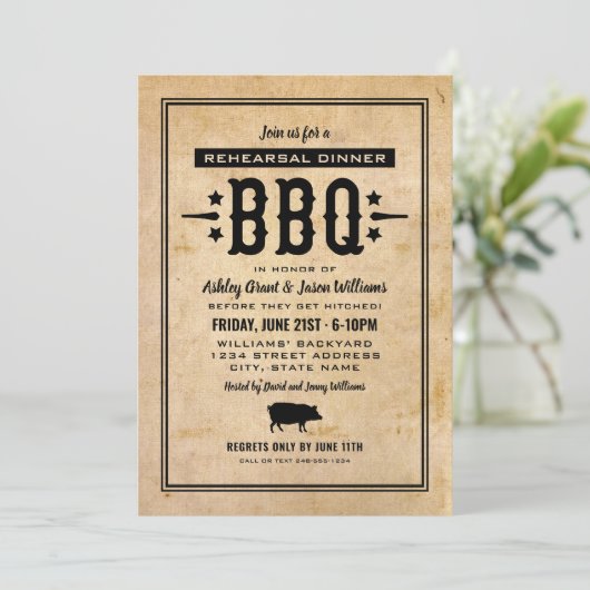 Invitation Dîner Rustique de répétition Mariage BBQ (Debout devant)
