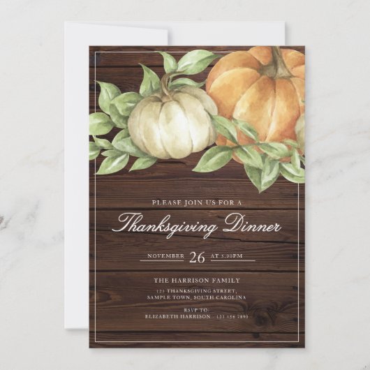 Invitation Dîner rustique de Thanksgiving à la citrouille (Devant)