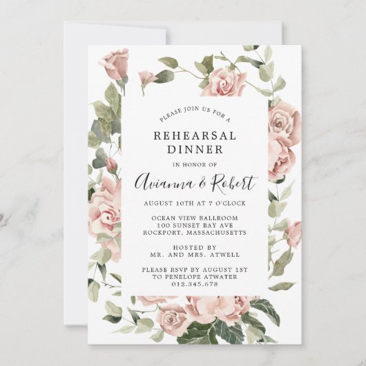 Invitation Dîner Rustique Rustique Floral Rose Dusty (Devant)