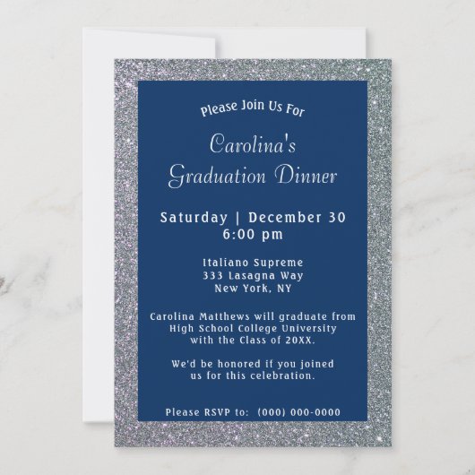 Invitation Dîner Silver Sparkle Bleu Graduation (Devant)