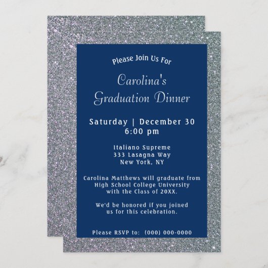 Invitation Dîner Silver Sparkle Bleu Graduation (Devant / Derrière)