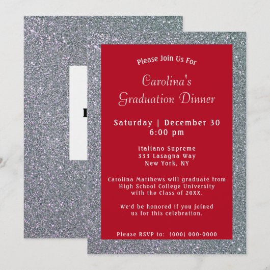 Invitation Dîner Silver Sparkle Graduation Rouge (Devant / Derrière)
