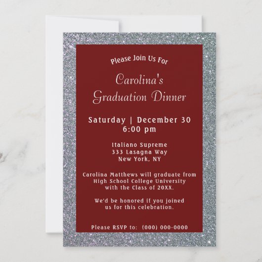 Invitation Dîner Silver Sparkle Maroon Graduation (Devant)