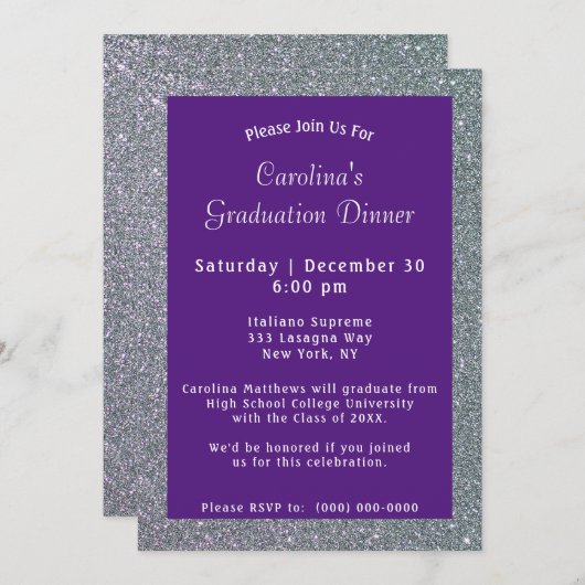 Invitation Dîner Silver Sparkle Purple Graduation (Devant / Derrière)