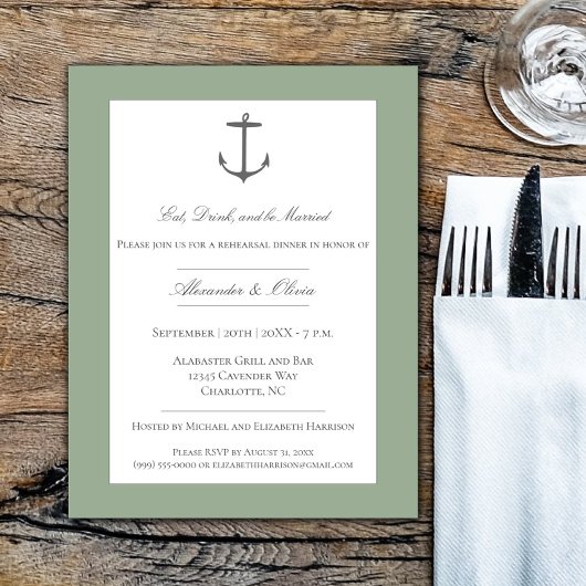 Invitation Dîner simple Ancre nautique Sage Green